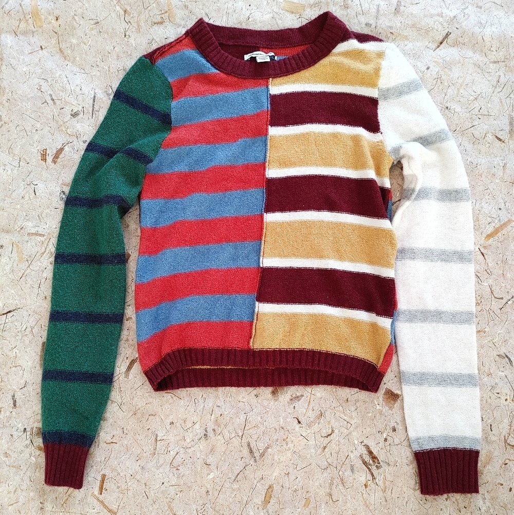 NWOT American Eagle Patchwork Colour Blocked Striped Crew Neck Sweater Size XS